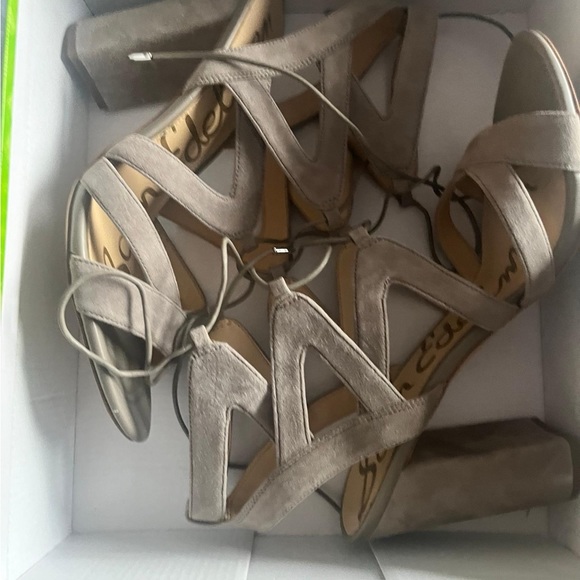 Sam Edelman Yardley Putty grey Suede Lace Up Open Toe Chunky Heel Sandal 9.5 - Picture 3 of 4